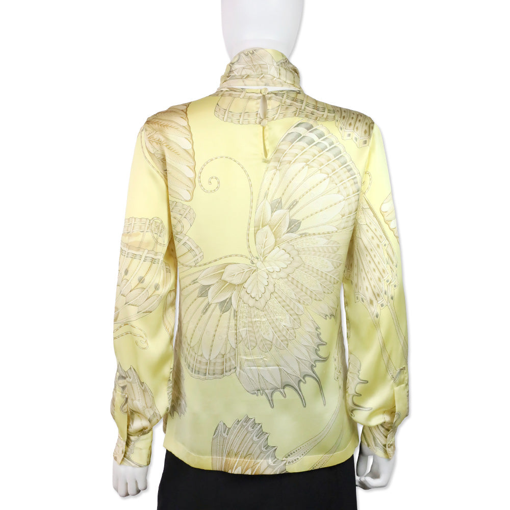 Salvatore Ferragamo Yellow Butterfly Print Silk Long Sleeve Blouse with Scarf