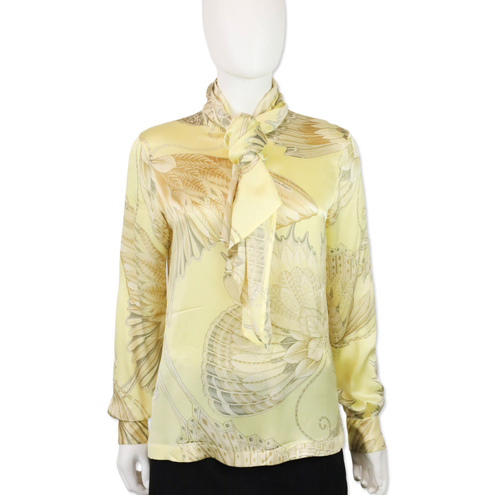 Salvatore Ferragamo Yellow Butterfly Print Silk Long Sleeve Blouse with Scarf