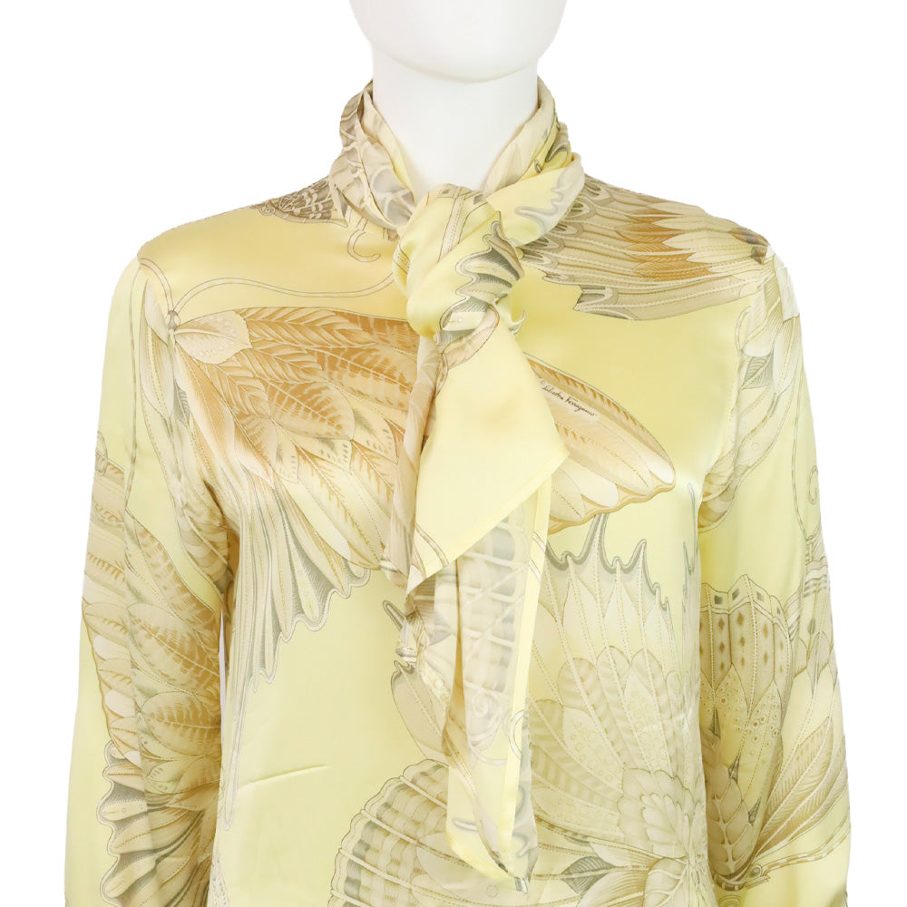 Salvatore Ferragamo Yellow Butterfly Print Silk Long Sleeve Blouse with Scarf