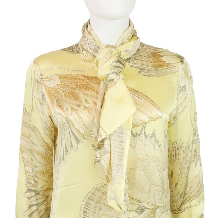 Salvatore Ferragamo Yellow Butterfly Print Silk Long Sleeve Blouse with Scarf