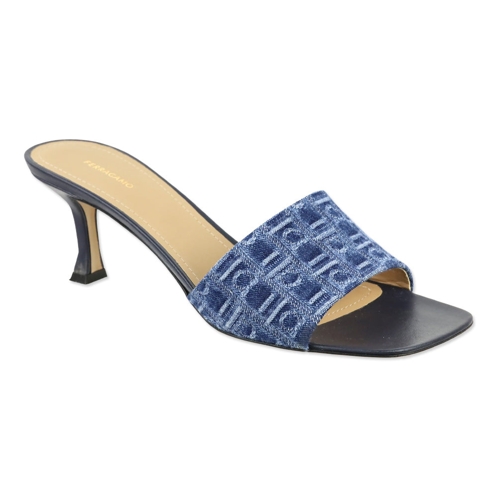 Salvatore Ferragamo Zenobia Blue Monogram Denim 55mm Mule