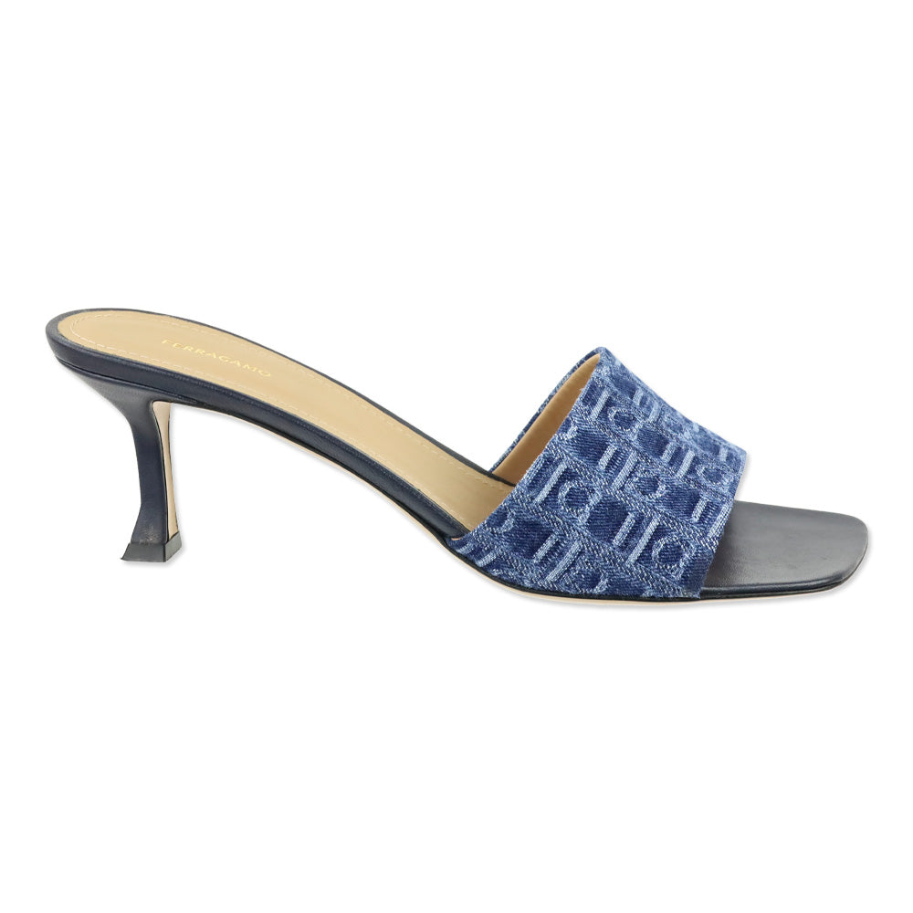 Salvatore Ferragamo Zenobia Blue Monogram Denim 55mm Mule