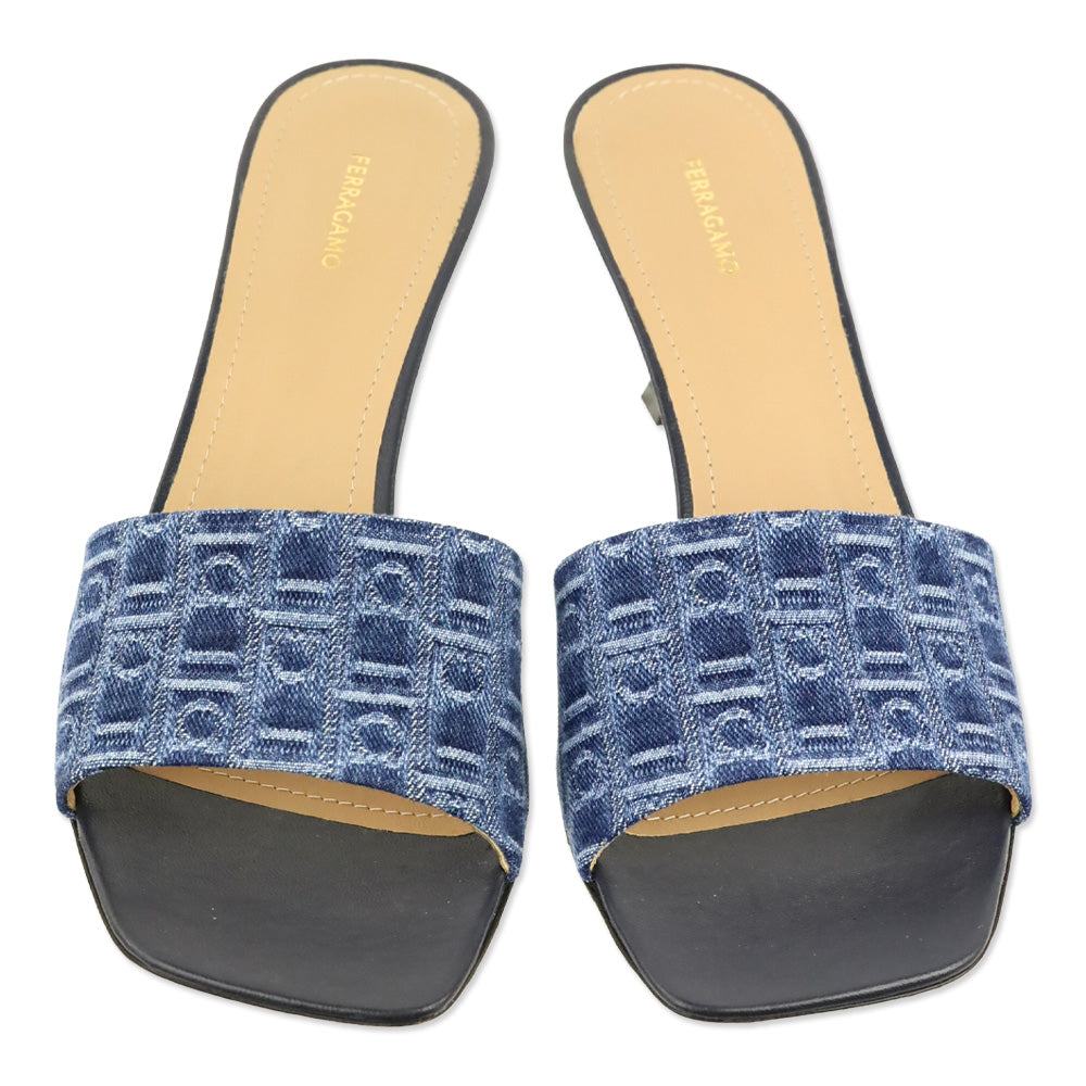 Salvatore Ferragamo Zenobia Blue Monogram Denim 55mm Mule