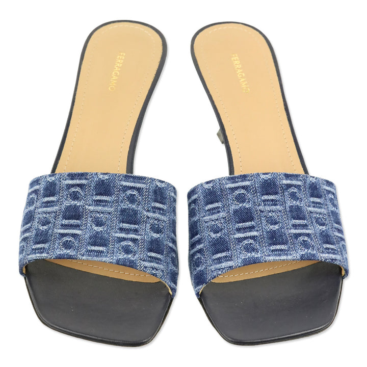 Salvatore Ferragamo Zenobia Blue Monogram Denim 55mm Mule