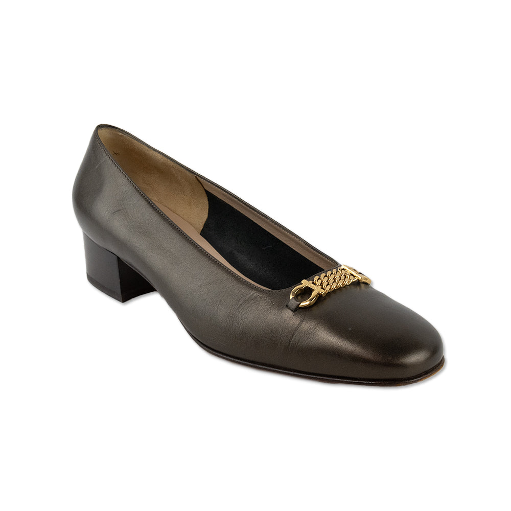 Salvatore Ferragamo Brown Leather Gold Chain Accented Loafers DBLTKE Luxury Consignment Boutique