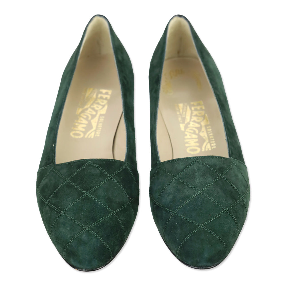 Salvatore Ferragamo Emerald Quilted Suede Flats