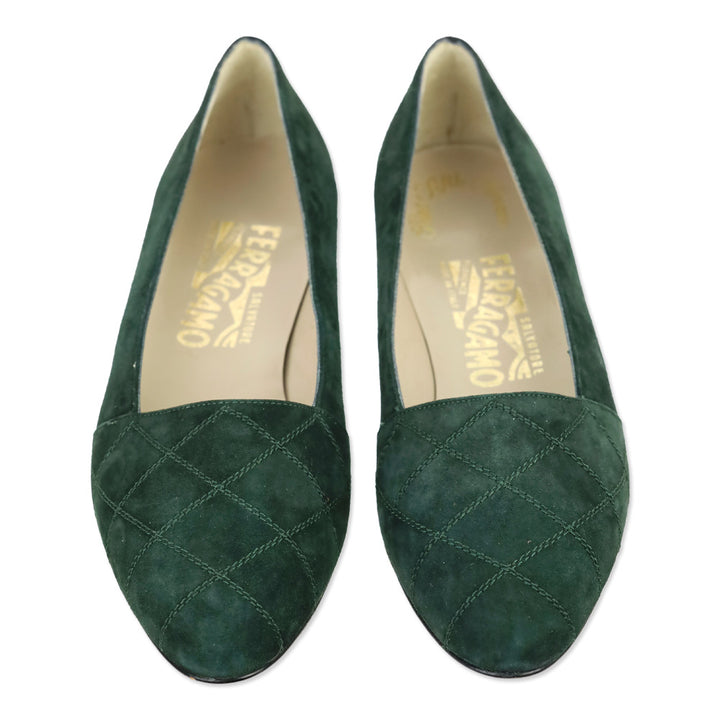 Salvatore Ferragamo Emerald Quilted Suede Flats