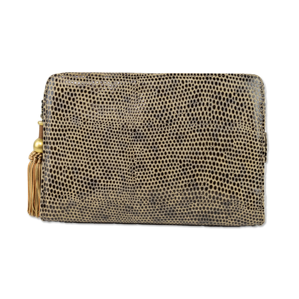 Sandra Roberts Brown Embossed Leather Clutch with Removable Strap