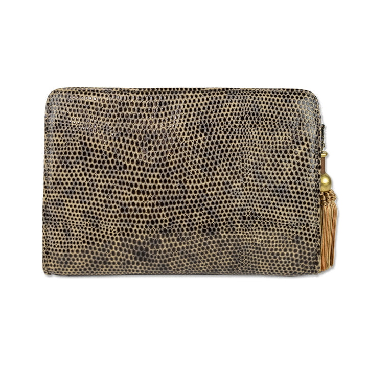 Sandra Roberts Brown Embossed Leather Clutch with Removable Strap