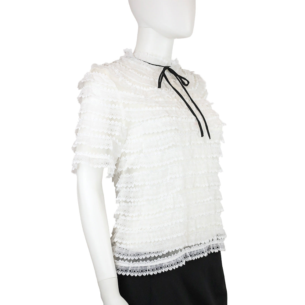 Sandro Addiction Ecru Tiered Mesh & Lace Silk Top