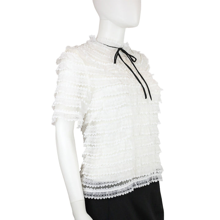 Sandro Addiction Ecru Tiered Mesh & Lace Silk Top