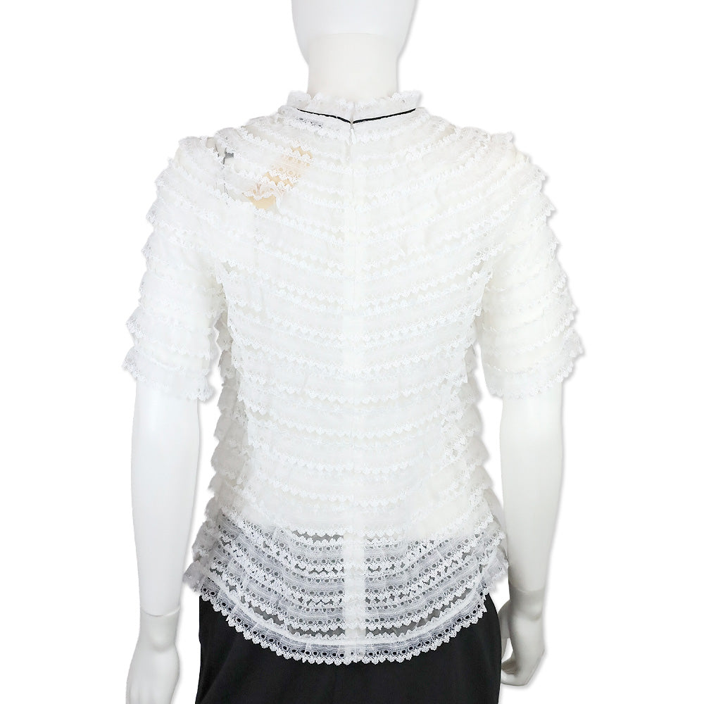 Sandro Addiction Ecru Tiered Mesh & Lace Silk Top
