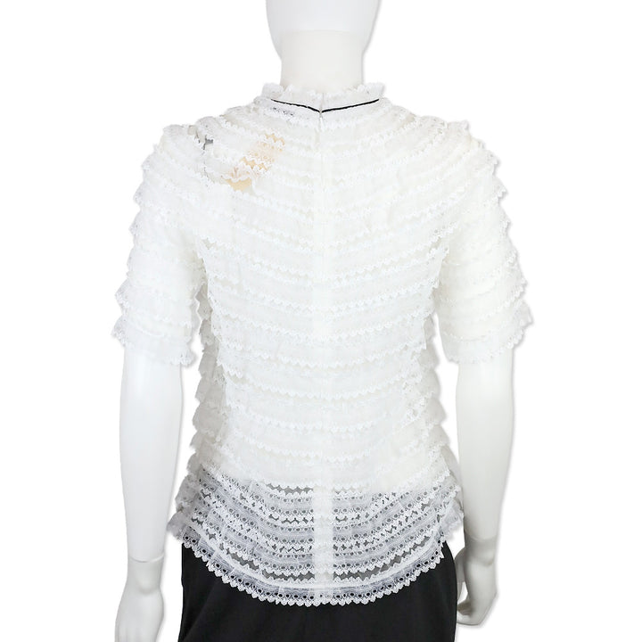 Sandro Addiction Ecru Tiered Mesh & Lace Silk Top