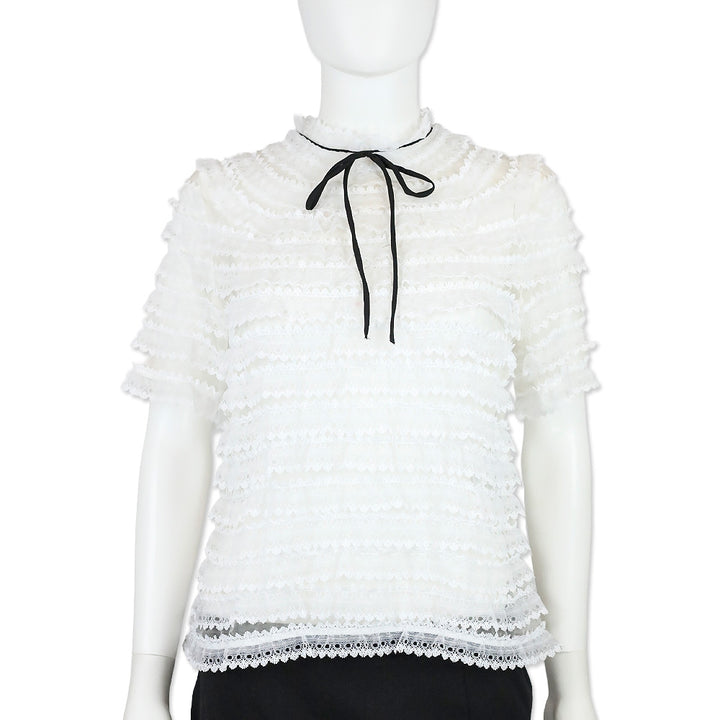 Sandro Addiction Ecru Tiered Mesh & Lace Silk Top