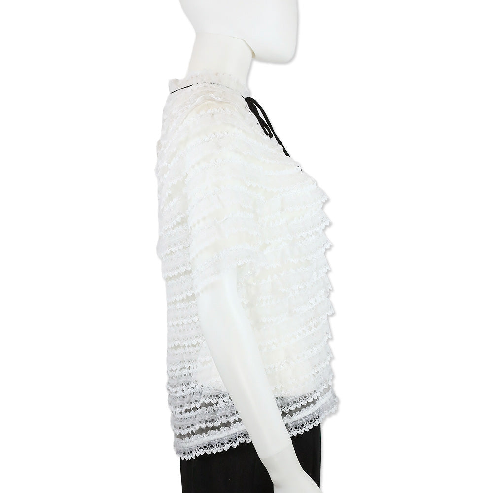 Sandro Addiction Ecru Tiered Mesh & Lace Silk Top
