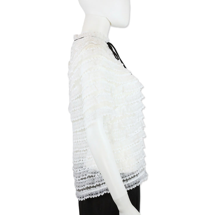 Sandro Addiction Ecru Tiered Mesh & Lace Silk Top