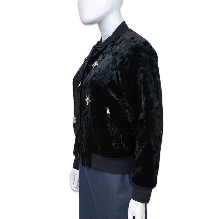 Sandro Briny Crystal Embellished Black Velvet Bomber Jacket