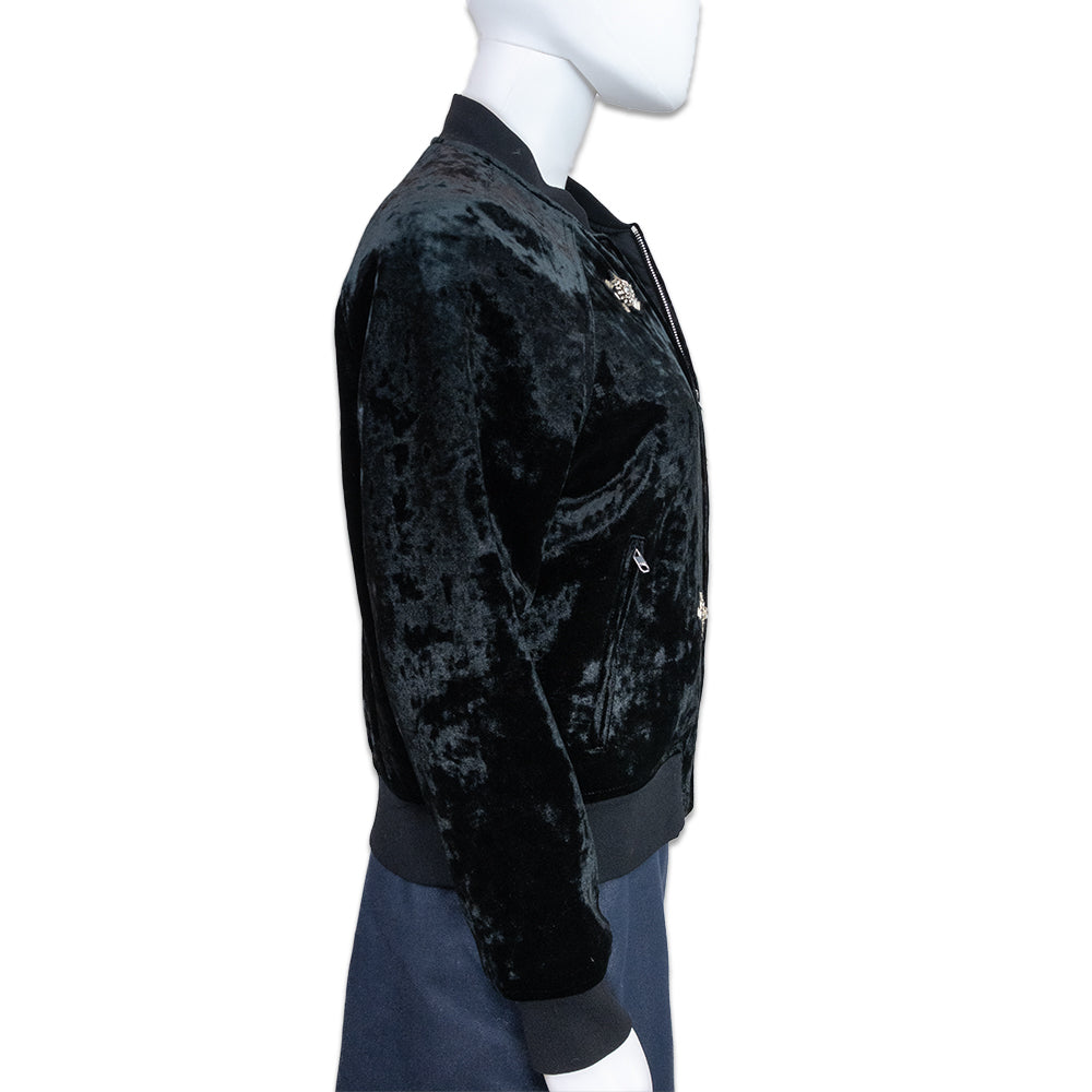 Sandro Briny Crystal Embellished Black Velvet Bomber Jacket