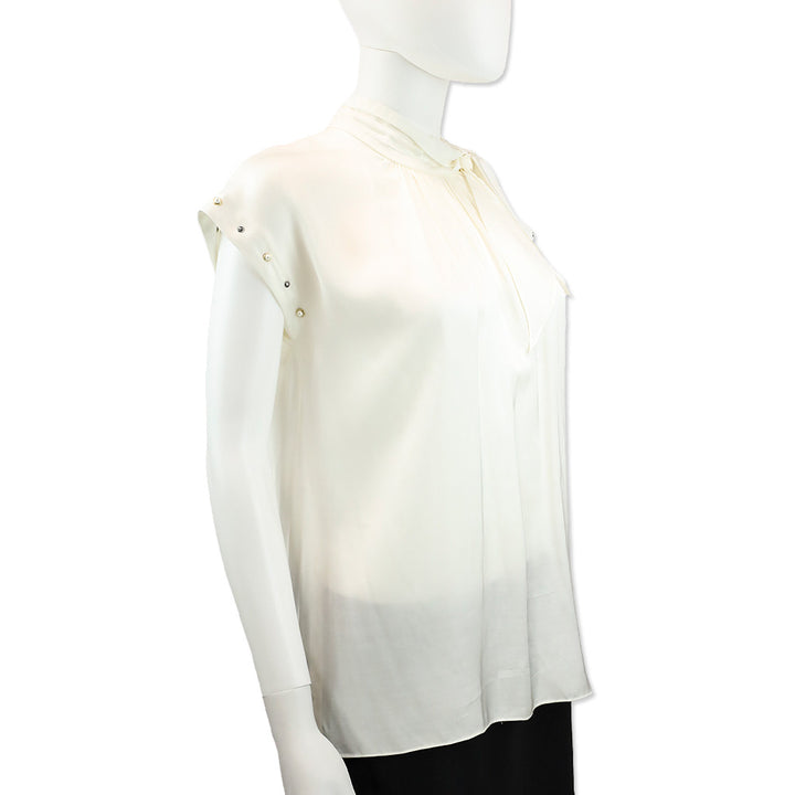 Sandro Ecru Courbe Satin Pearl Studded Back Slit Blouse