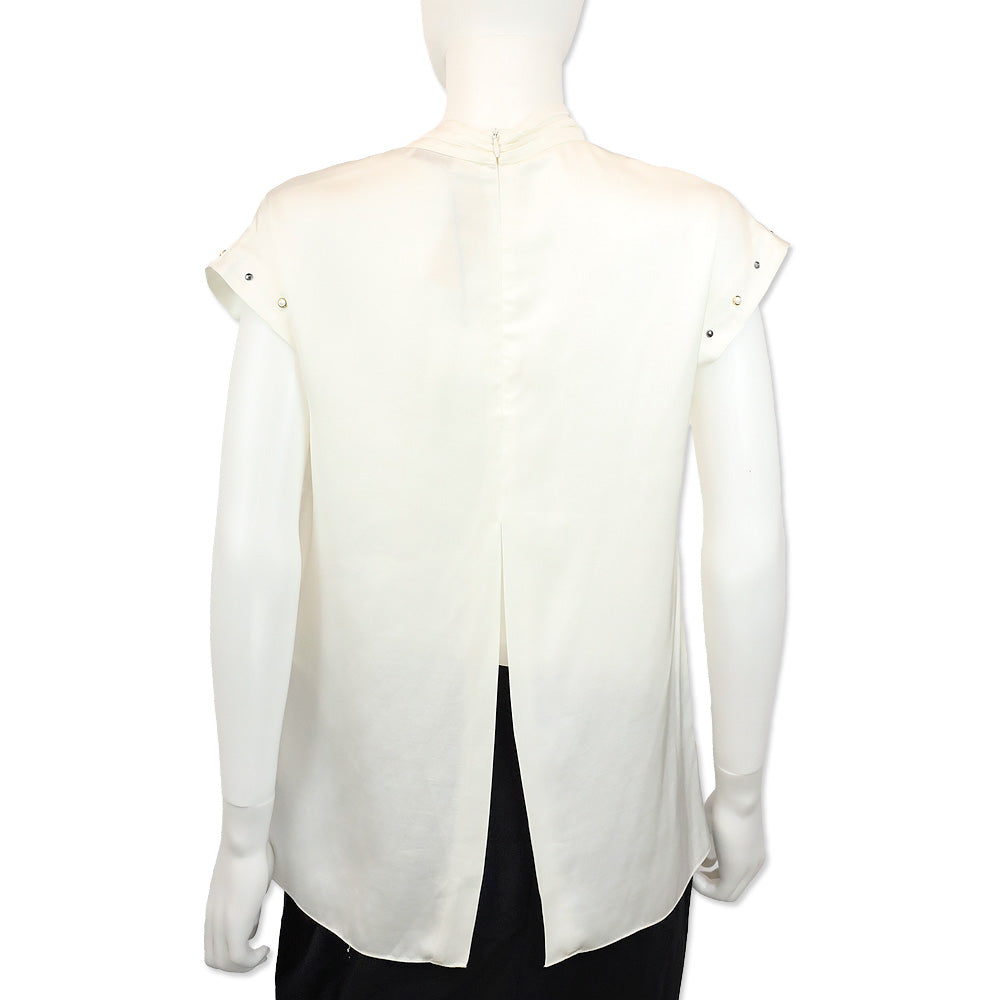 Sandro Ecru Courbe Satin Pearl Studded Back Slit Blouse
