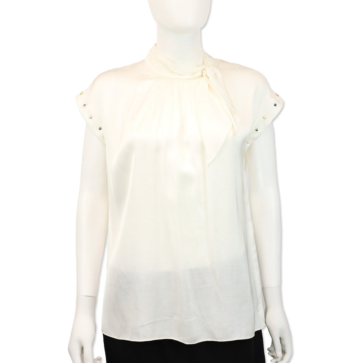 Sandro Ecru Courbe Satin Pearl Studded Back Slit Blouse