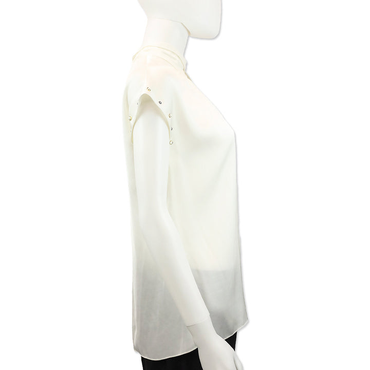 Sandro Ecru Courbe Satin Pearl Studded Back Slit Blouse