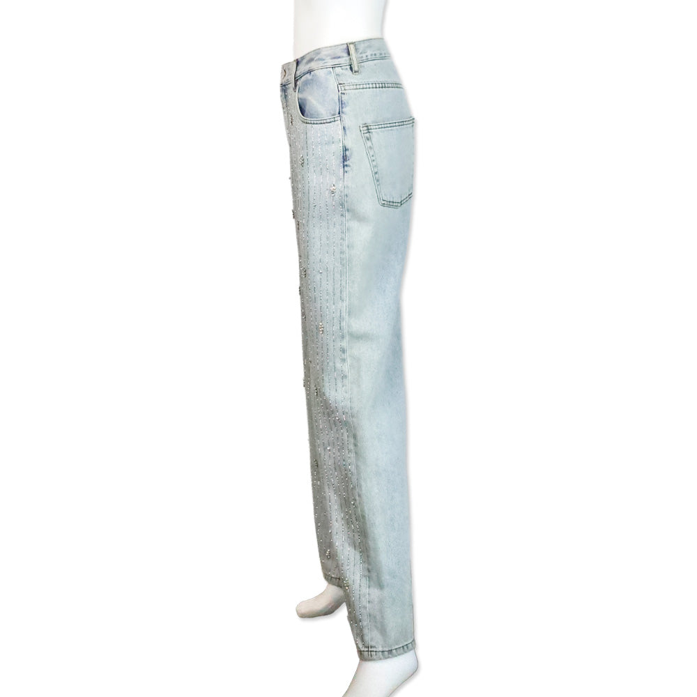 Sandro Light Blue Indie Rhinestone Wide-Leg Jeans