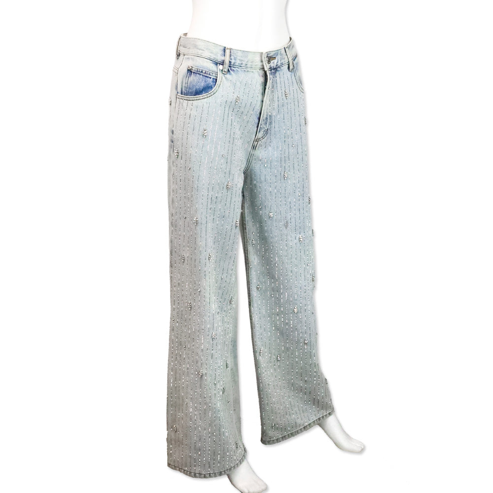 Sandro Light Blue Indie Rhinestone Wide-Leg Jeans