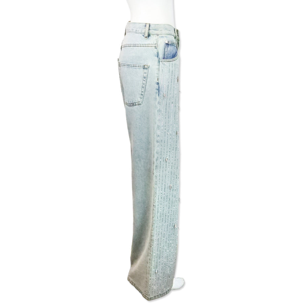 Sandro Light Blue Indie Rhinestone Wide-Leg Jeans