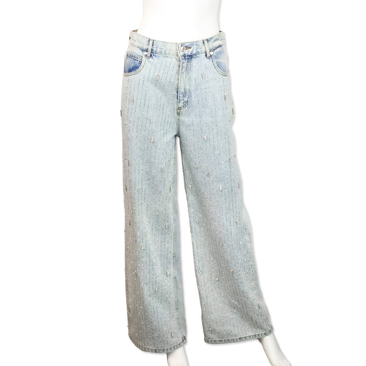 Sandro Light Blue Indie Rhinestone Wide-Leg Jeans