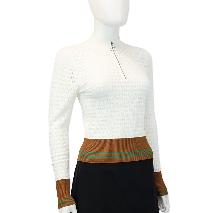 Sandro White Open Knit High Neck Quarter Zip Sweater