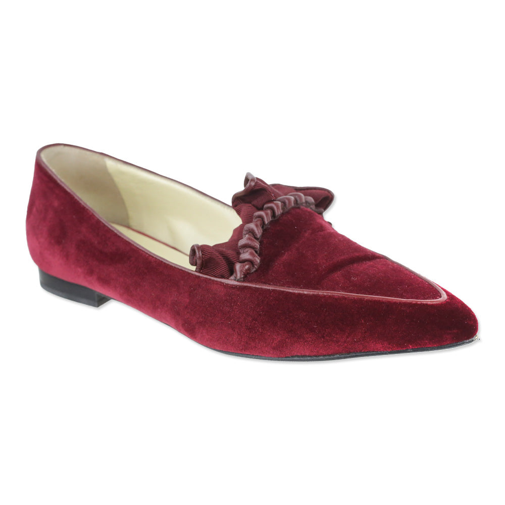 Sarah Flint Burgundy Velvet Ruffle Gudel Loafer