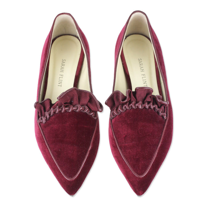 Sarah Flint Burgundy Velvet Ruffle Gudel Loafer