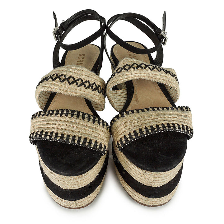 Schutz Beige & Black Platform Espadrille Sandals