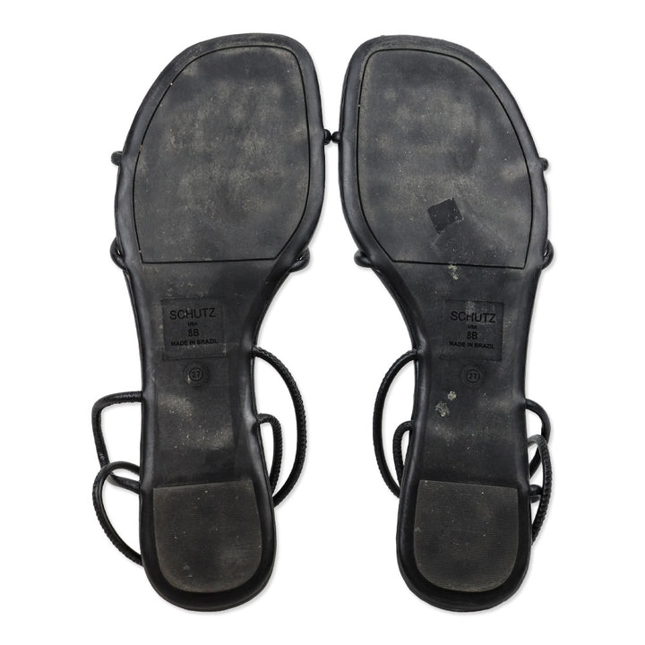 Schutz Black Leather Strappy Flat Sandal