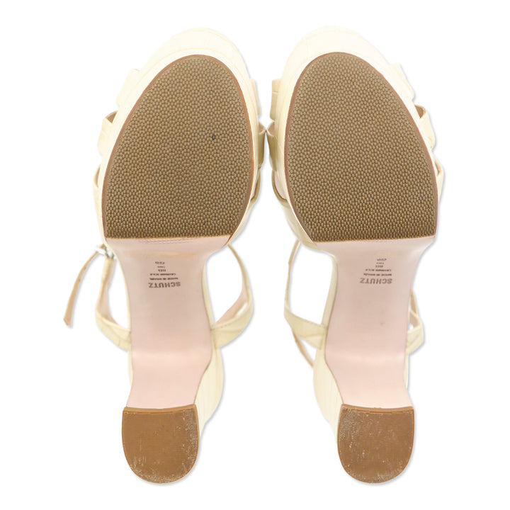 Schutz Keefa Cream Crocodile Embossed Leather Ankle-Strap Platform Sandal