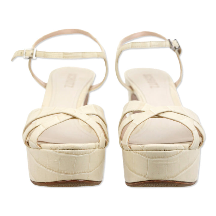 Schutz Keefa Cream Crocodile Embossed Leather Ankle-Strap Platform Sandal
