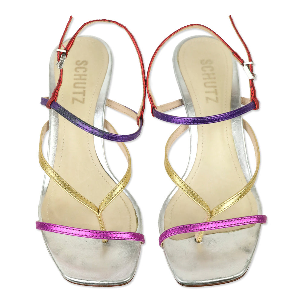 Schutz Multicolor Metallic Leather Ankle-Strap Thong Sandal