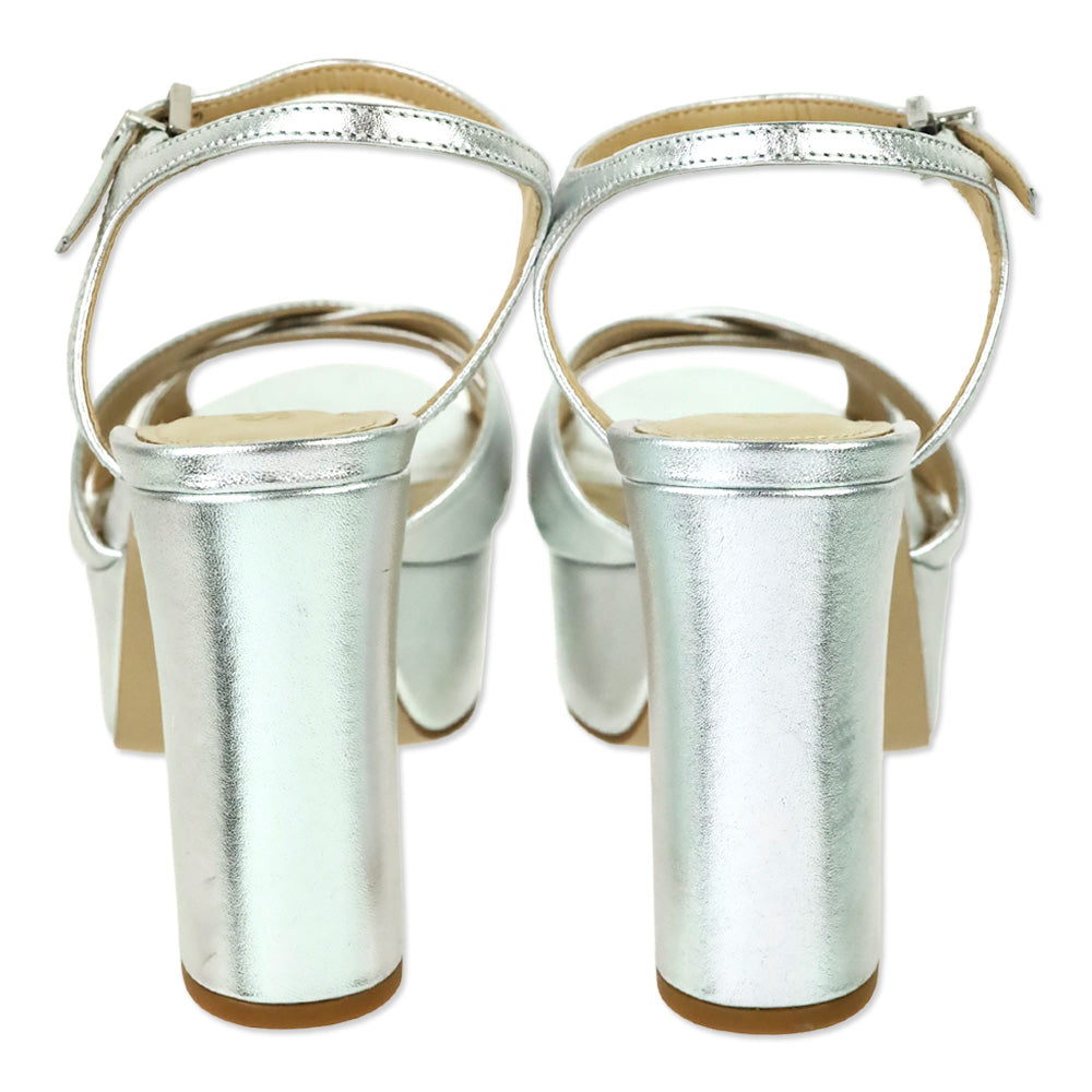 Schutz Silver Metallic Leather Ankle-Strap Keefa Platform Sandal