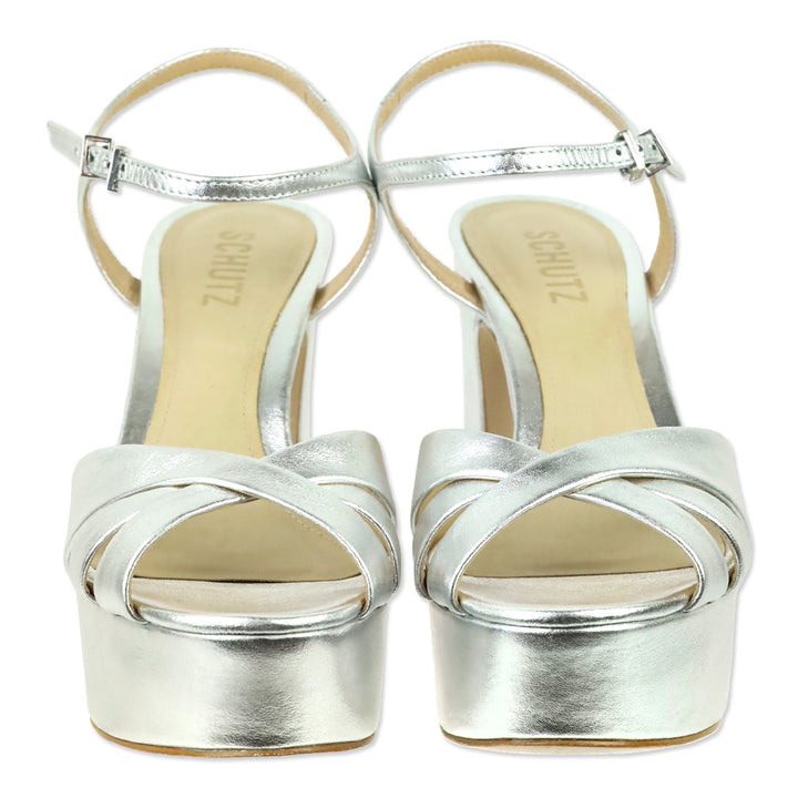 Schutz Silver Metallic Leather Ankle-Strap Keefa Platform Sandal
