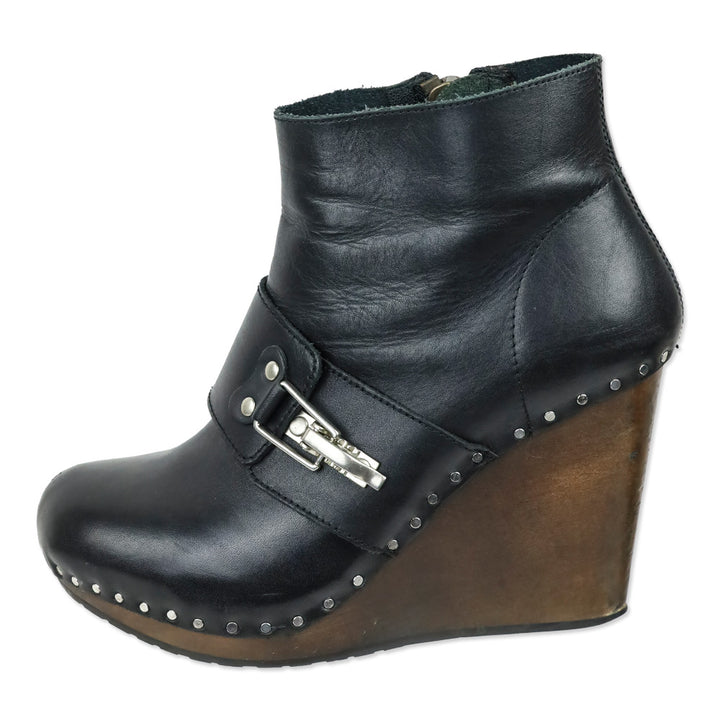 See by Chloe Black Leather Buckle Wood Wedge Ankle Bootie