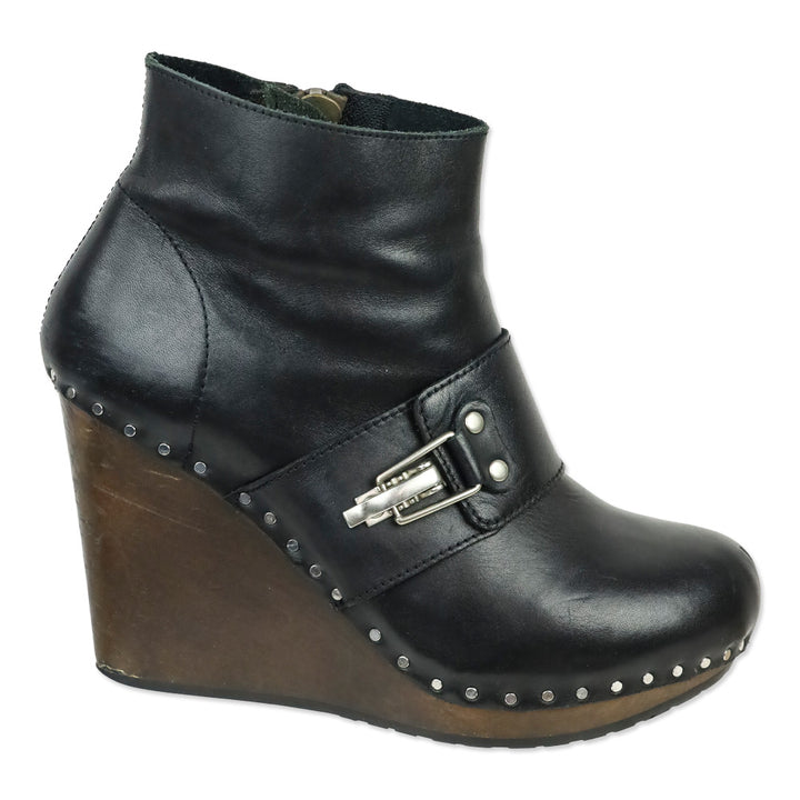 See by Chloe Black Leather Buckle Wood Wedge Ankle Bootie