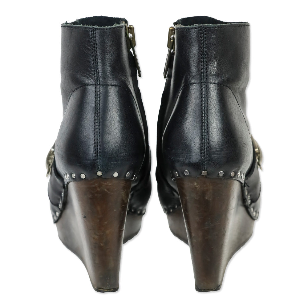 See by Chloe Black Leather Buckle Wood Wedge Ankle Bootie