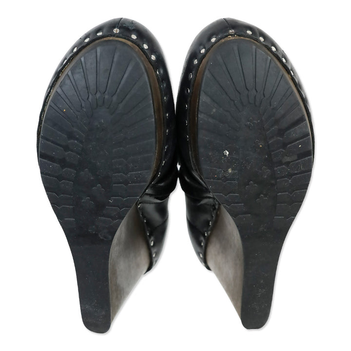 See by Chloe Black Leather Buckle Wood Wedge Ankle Bootie