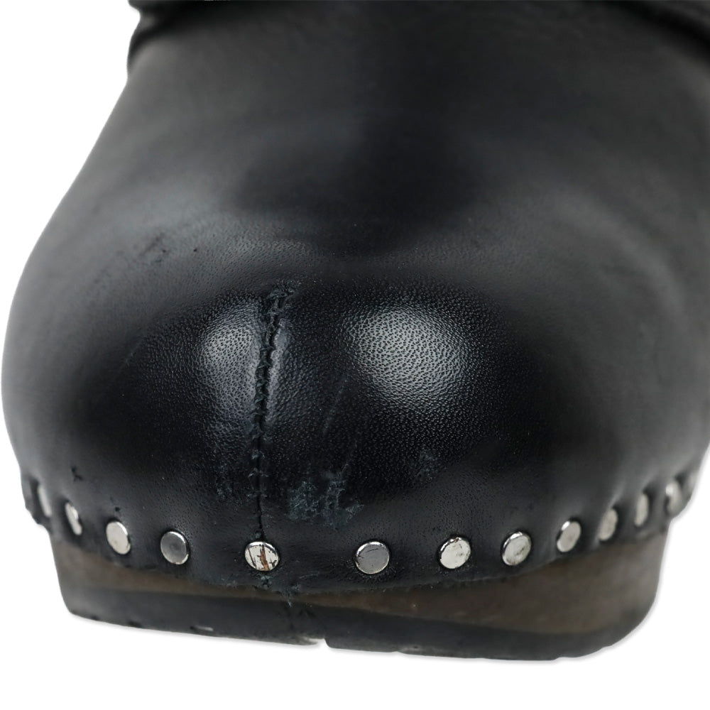 See by Chloe Black Leather Buckle Wood Wedge Ankle Bootie