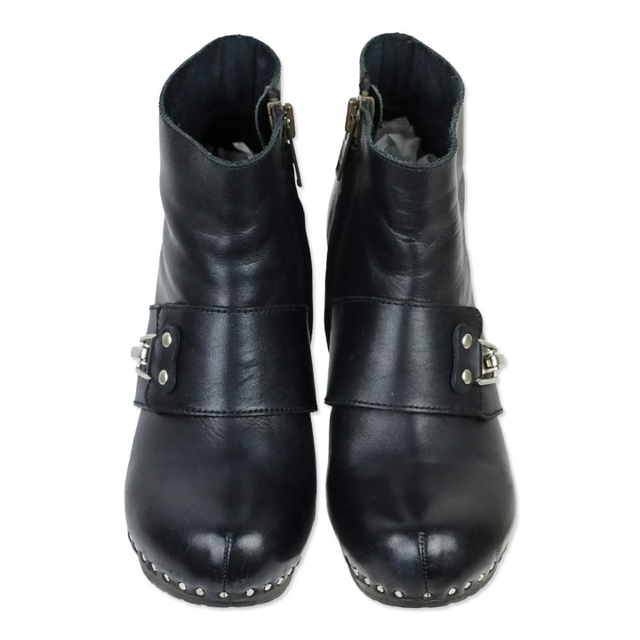 See by Chloe Black Leather Buckle Wood Wedge Ankle Bootie