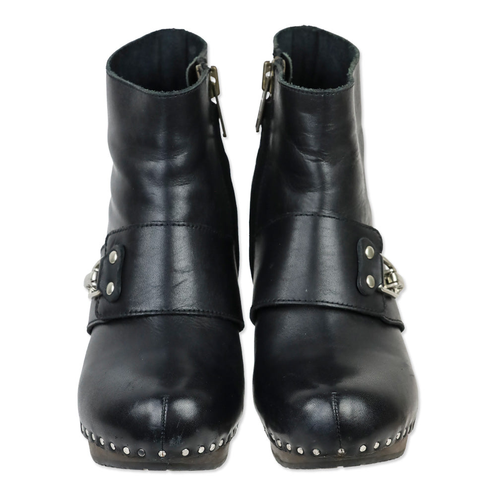 See by Chloe Black Leather Buckle Wood Wedge Ankle Bootie