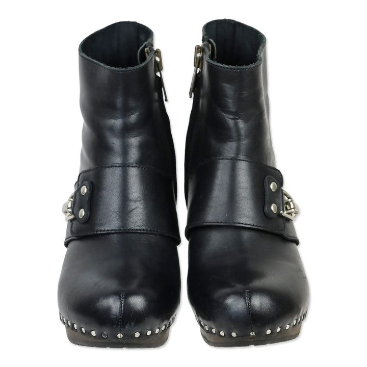 See by Chloe Black Leather Buckle Wood Wedge Ankle Bootie