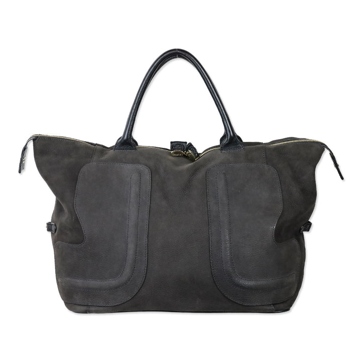 See by Chloé Graphite Pebbled Suede and Black Leather Trim Satchel