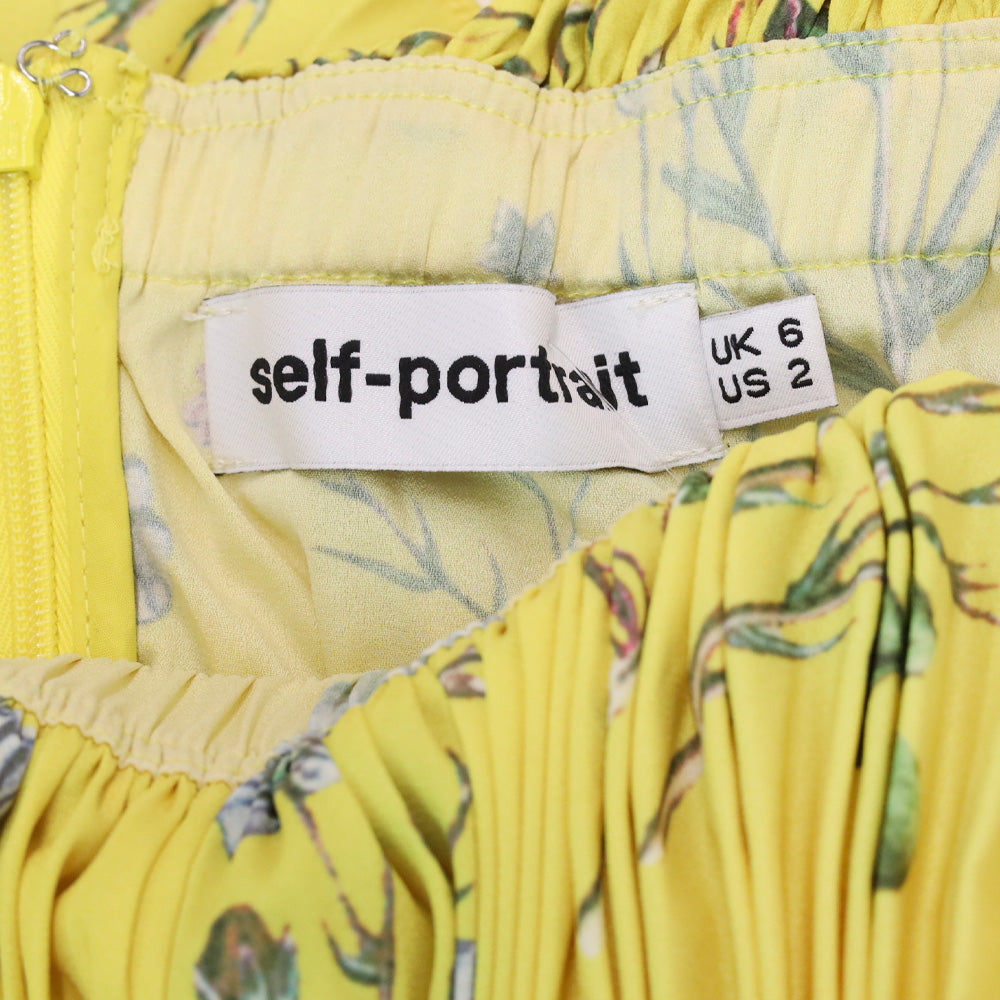 Self-Portrait Yellow Floral Pleated Off-the-Shoulder Mini Dress